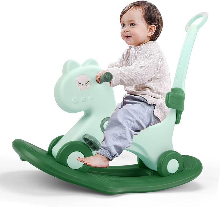 4 in 1 Rocking Horse for Toddlers 1-3 Years Old, Baby Rocking Toy Fun Birthday Gift for 1+ Boys, Ride on Toy with Detachable Balance Board and Footrest，Balance Bike with Push Handle，Blue