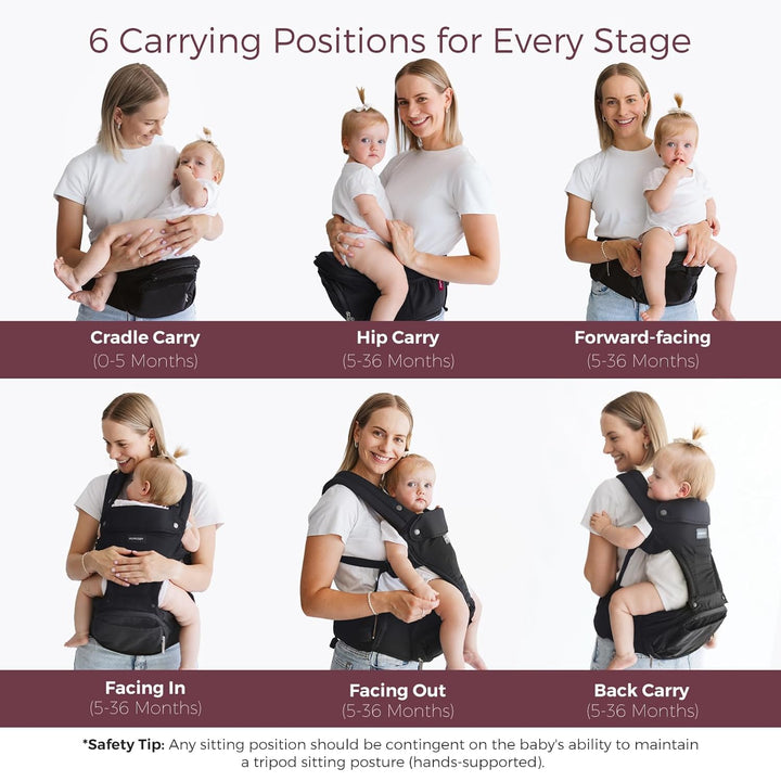 Baby Carrier with Hip Seat, 2-In-1 Forward-Facing Carry for Active Babies, Detachable Hands-Free Infant Carrier up to 44Lbs, All Seasons Toddler Carrier Fits Waist Sizes up to 45 Inches, Black