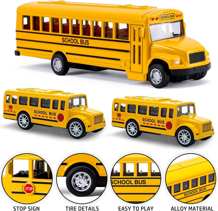 3 Pack Pull Back School Bus Playset, Die-Cast Metal Toy Vehicles with Bright Yellow for Boys Girls Kids Toddlers
