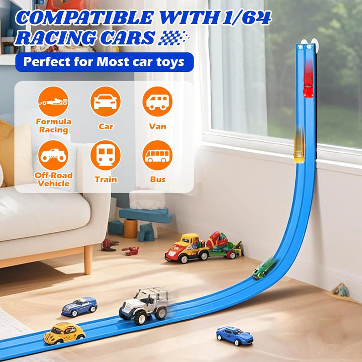 Flexible Race Track Toys for Kids: 15 Ft Flex Race Car Ramp Track with Suction Cups - Rolls up Portable DIY Racetrack Compatible with Diecast 1/64Th Cars Model - Birthday Gifts for Boys Girls Ages 3+
