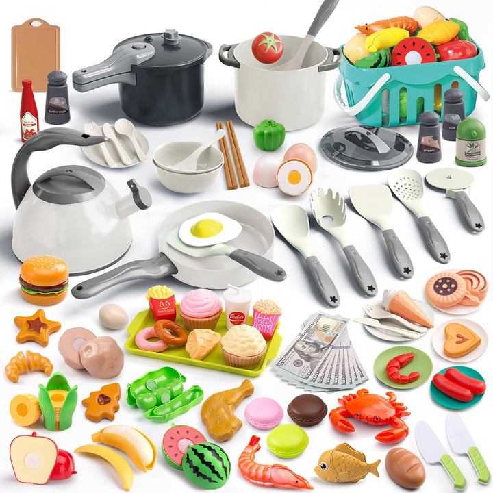 130Pcs Kitchen Playset, Toddler Pretend Cooking Play Pots, Pans, Utensils Cookware, Daily Food Fruit Veges, Shopping Storage Basket, Dessert, Prop Money, Learning Gift for Child (Blue)