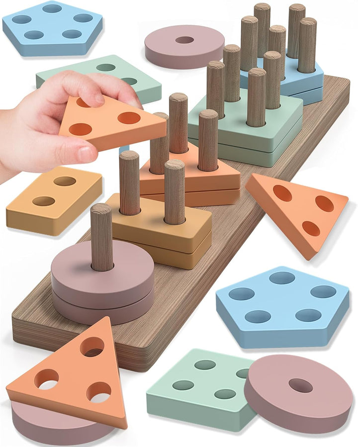 Montessori Toys for 1 2 3 Year Old Boy Girl, Toys for Ages 2-4 Toddlers Kids Baby, 1 2 Year Old Birthday Gifts, Wooden Learning Puzzles Shape Sorter Toy for Toddlers 1-3