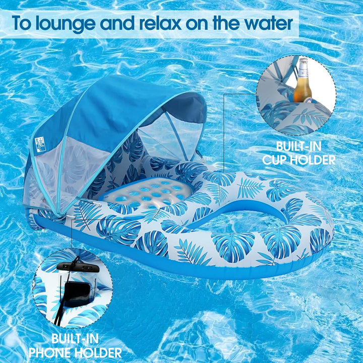 Pool Lounge Float with Canopy Upf50+,Extra Large Pool Floats for Adults Heavy Duty,Inflatable Lounger Float with Cup Holder & Backrest,Footrest