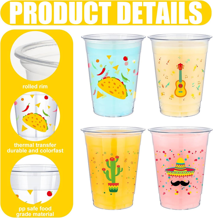 100 Pack 12 Oz Fiesta Cups Plastic Mexican Cups Clear Disposable Mug Cinco De Mayo Party Decorations for Fiesta Taco Birthday Party Drinkware Supplies, 4 Styles