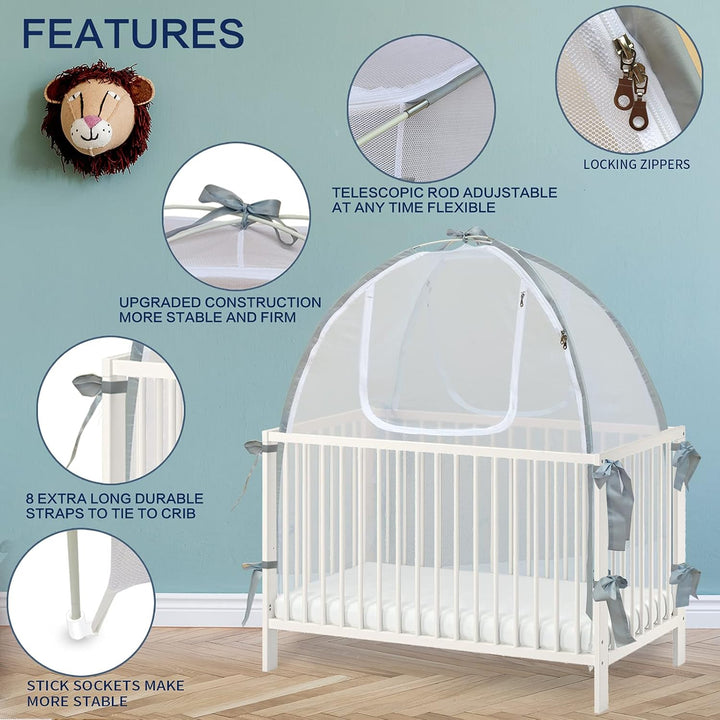 Baby Crib Tent Safety Net, Durable Strong Self-Locking Zippers, Protects from Climbing Out And, Insects, Mosquitoes, Installs with Rods (Crib 52.25" - 28.25")