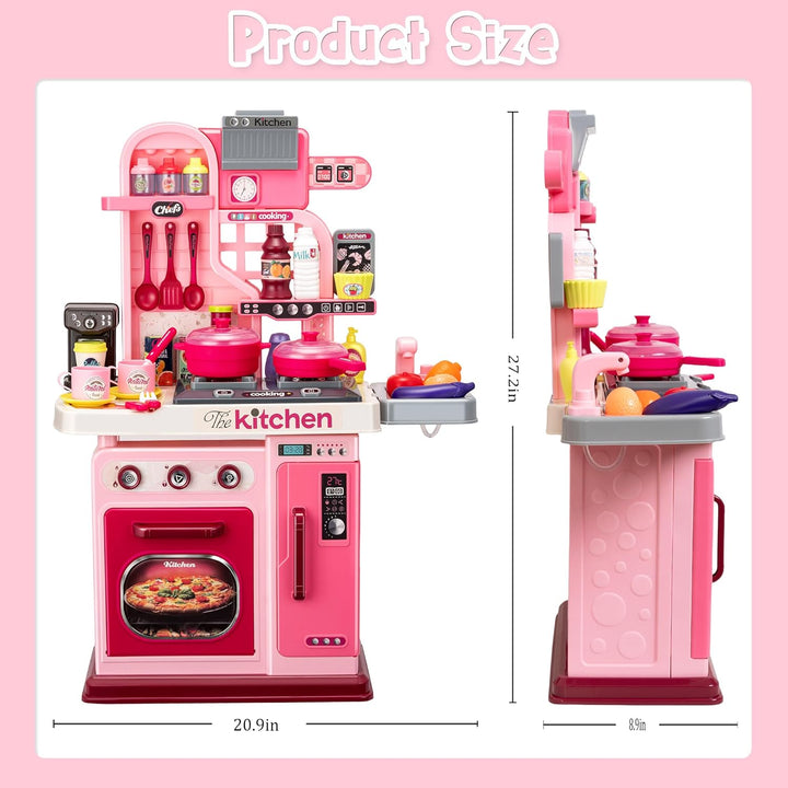 Kids Kitchen Playset-53Pcs Cooking Stove,Paly Sink,Oven,Kitchen Toys with Realistic Lights&Sounds，Pretend Play Toys,Kitchen Toys for Toddlers 1 2 3 (Pink)