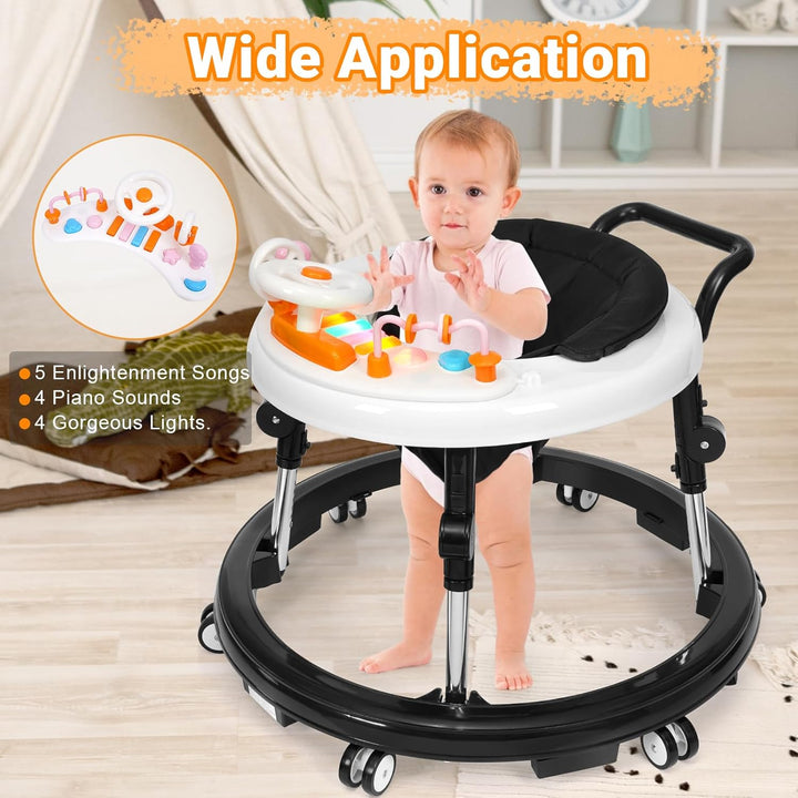 Music and Lights Baby Walker Foldable with 9 Adjustable Heights, Baby Walker with Wheels Portable, Infant Toddler Walker for Baby Boy Girls 6-18 Months