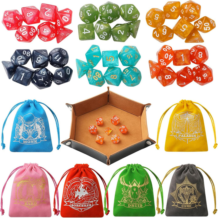 DND Dice Set, 42 Pcs Polyhedral Dice Set with 6 Colorful Animal Pattern Bag and PU Leather Velvet Tray for Dungeons Dragons D&D RPG MTG Table Games