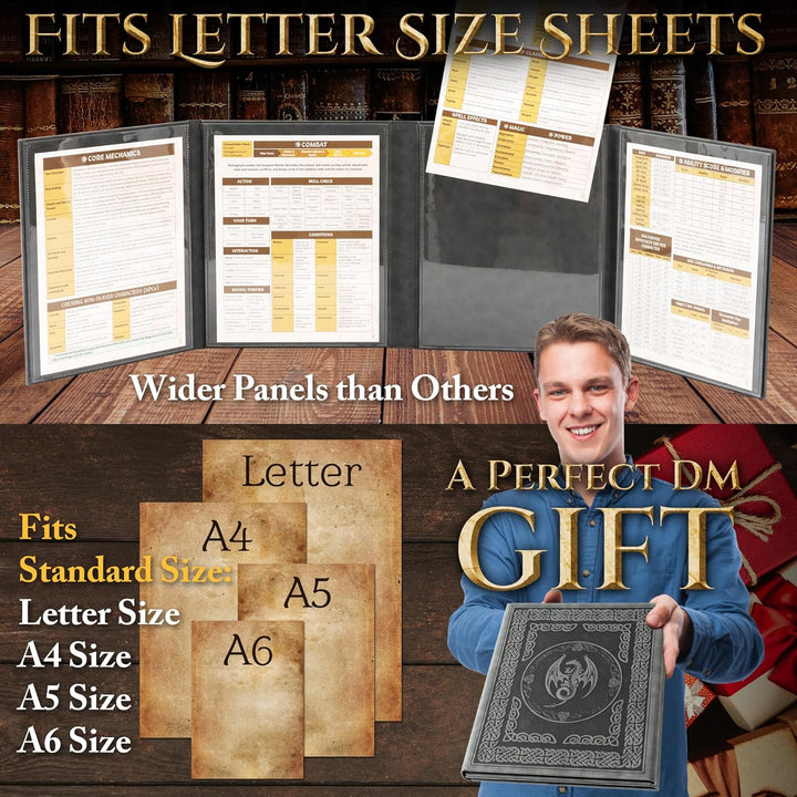 DM Screen for DND with 4 Wider Panels - Crystal Clear GM Pockets - Embossed Faux Leather Dungeon Master Screen with Celtic Knot & Dragon Design for D&D 5E & More