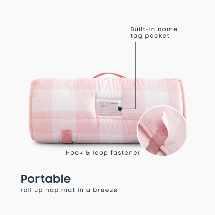 - Toddler Nap Mat with Pillow and Blanket, for Kids Boys Girls in Kindergarten Daycare Preschool Pre K, Roll up Sleeping Bag, Gingham Plaid Grid Checkered, Light Pink White, Standard