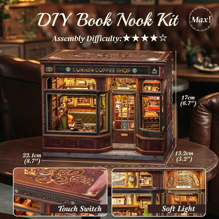 Book Nook Kit - DIY Miniature House Coffee Shop Dollhouse Kit for Adults and Teens, Booknook Tiny House Bookshelf Decor 3D Wooden Puzzle, Gifts for Family, Friends (Corner Coffee Shop)