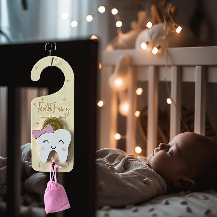 Tooth Fairy Door Hanger, Wooden Tooth Fairy Money Holder with Tooth Coins for Lost Tooth Kids Gifts (Pink)