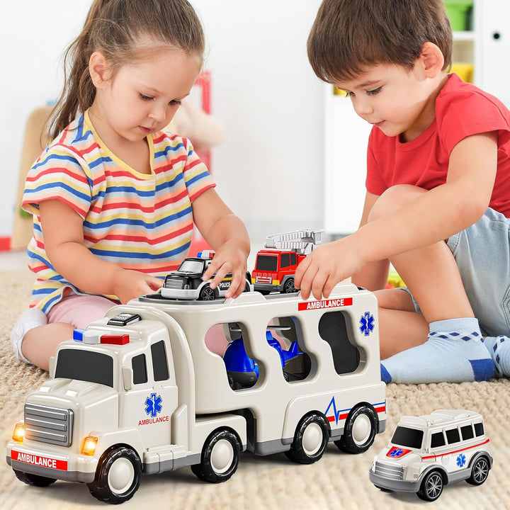 5-In 1 Play Ambulance Toy Vehicle Toddler Truck Toys for 3 4 5 6 7 Year Old Boys - Friction Powered Cars with Light and Sound, Police Car, Fire Truck, Ambulance Car, Birthday Gifts for Kids
