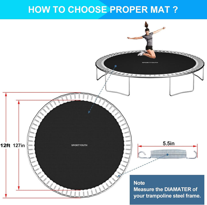 Trampoline Replacement Mat, Fits 12Ft 14Ft 15Ft round Trampolines Frame with 72/88/96 V-Rings Using 5.5/6.5/7 in Springs, Water-Resistant, UV Resistant, Good Jumping Bounce