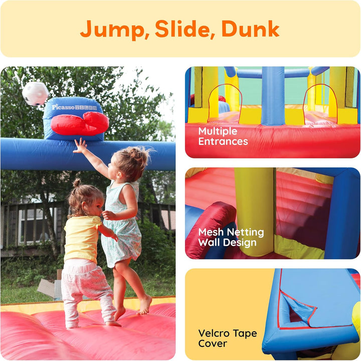 [Upgrade Version]  KC102 12X10 Foot Inflatable Bouncer Jumping Bouncing House, Jump Slide, Dunk Playhouse W/Basketball Rim, 4 Sports Balls, Full-Size Entry, 580W ETL Certified Blower