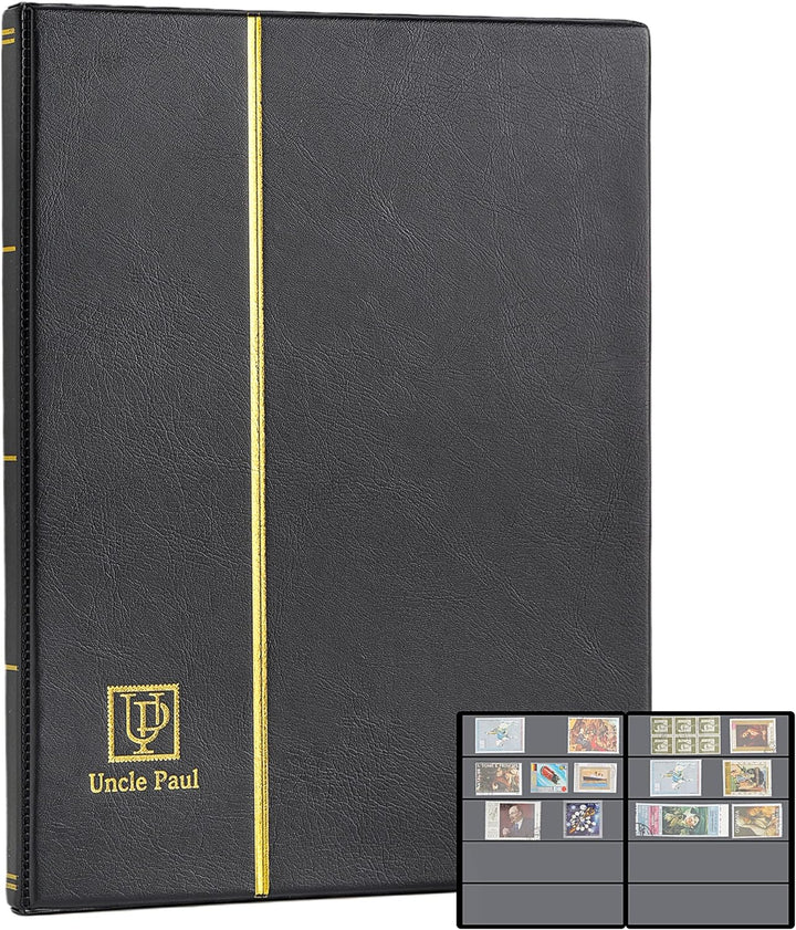 Stamp Albums 160 Pockets - Stockbooks with 30X197Mm Sleeves, 10 Double Sided Black Page with Leatherette Padded Black Cover, Collection Storage Folder for Paper Money Postage Stamps AS0108BK