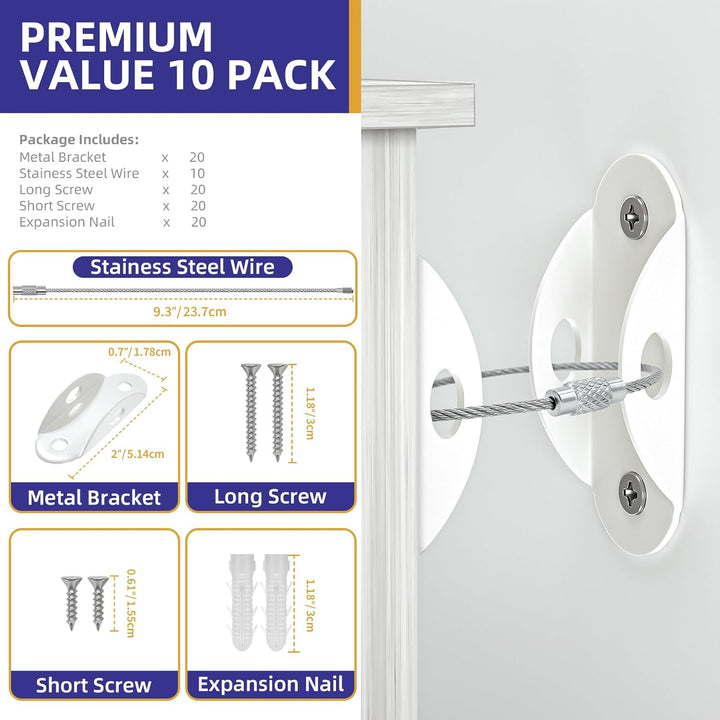 10 Pack Furniture Anchors for Baby Proofing, anti Tip Furniture Wall Anchors, Secure 400 Pounds Cabinet, Bookcase, Dresser to Wall, Earthquake Furniture Straps for Child Safety