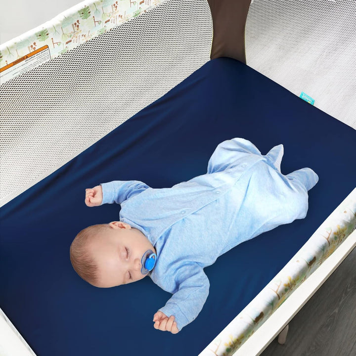 4 Pack Pack and Play Fitted Sheets Fits Graco Pack N Play Playard, Pamo Babe, Zodiak, Baby Trend Portable Playard and Other 27 X 39 Playpen Mattress, Ultra Soft and Skin-Friendly, Navy Cloud