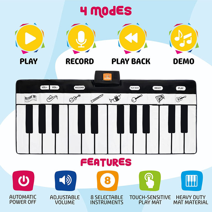6 Ft. Floor Piano Mat for Toddlers - 24 Keys Piano Play Mat for Kids - Keyboard Playmat Has Record, Playback, Demo, Play, Adjustable Vol. - Best Piano Gift for Boys & Girls