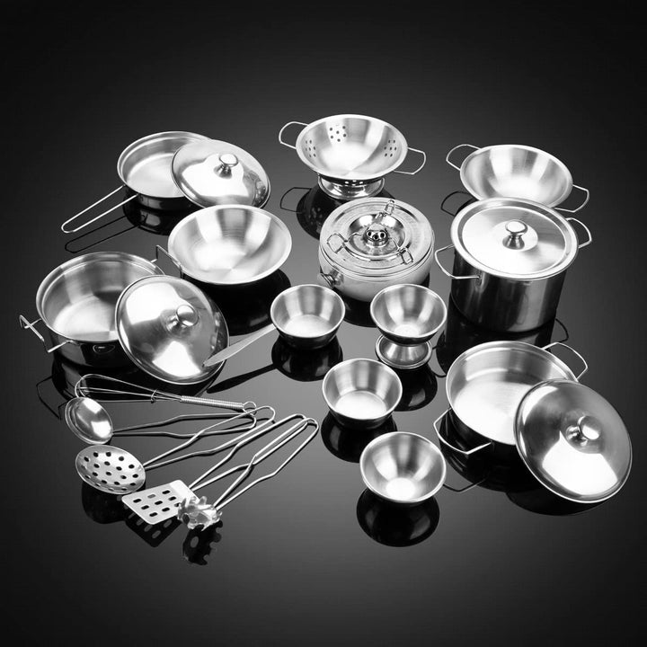 Kids Kitchen Pretend Play Toys, Cooking Toys Play Pots and Pans Set for Kids, 21Pcs Small Stainless Steel Kitchen Cookware Kits Toys, Cookware Playset for Girls, Boys