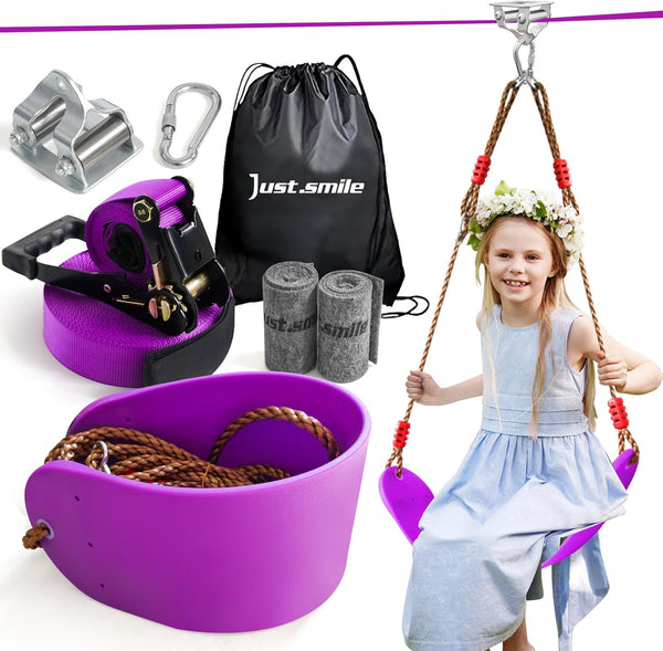 Zip Ine Kit for Kids Outdoor,Stainless Steellackline Pulley Slider with Swing Seat Zip Line,Kids Zipline Kit for Backyard with 60Ft Ninja Slackline Slackline Zipline