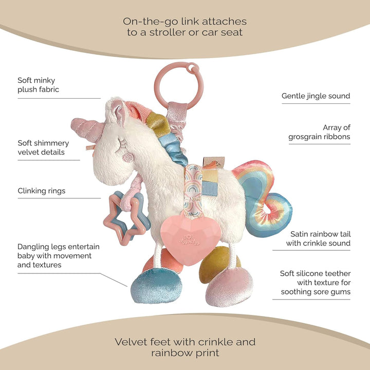 Link & Love Toy for Stroller or Car Seat; Features Textured Ribbons, Crinkle Sounds, Clinking Rings & Silicone Teether; Designed for Ages 0 Months and up (Unicorn)