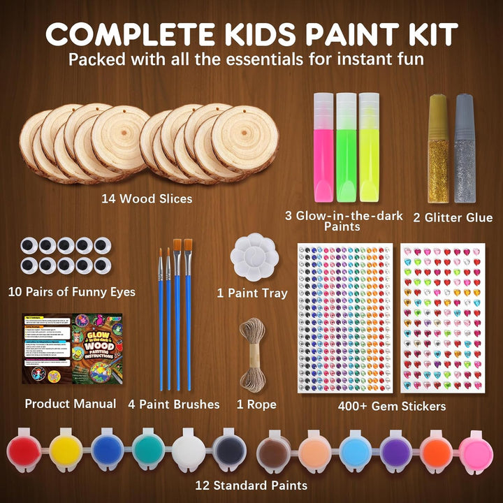 Wooden Painting Kit for Kids - Glow in the Dark Arts and Crafts Supplies Kits for Boys Girls - Kids Activities Creative Art Set Birthday Gifts DIY Paint Toys for Ages 6 7 8 9 10 11 12 Years Old