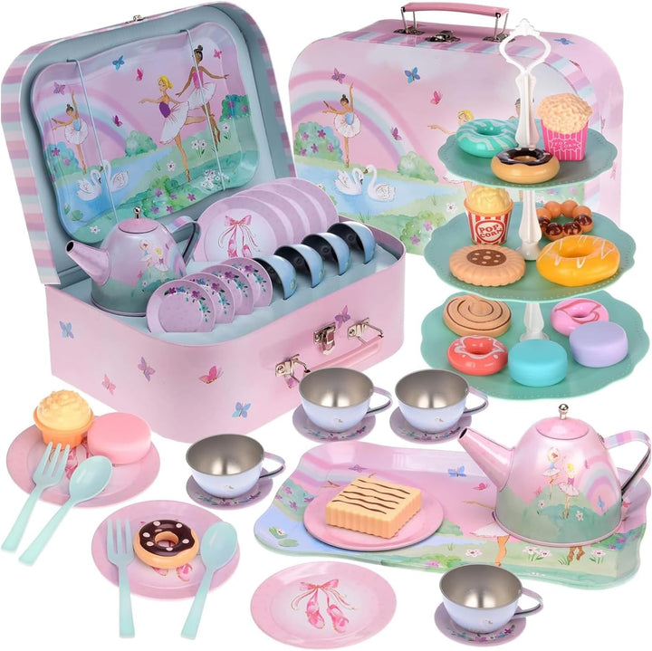 Tea Party Set - 15-Piece Toddler Tea Set with Unicorn Design for Kids - Includes Teapot, Cups, Saucers, Plates and Carrying Case for Imaginative Play and Storage