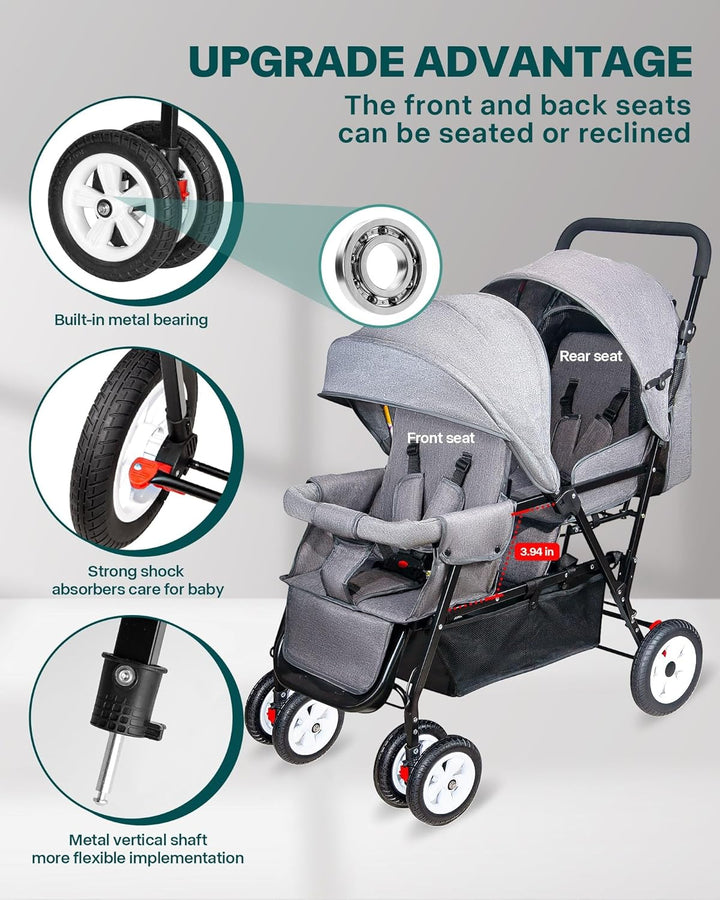 Double Stroller for Infant Toddler, Foldable Double Baby Stroller with Tandem Seating and Adjustable Backrest - Extra Gift Toys/Mosquito Net/Sleeping Mats/ 2 Hooks/ 2 Cotton Pads（Grey）