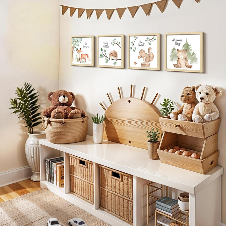 Framed Woodland Nursery Wall Decor, 10X10 Inch Cute Baby Safari Wall Art, Green Kids Art Frame with Forest Animals Prints for Playroom Classroom Bathroom Baby Shower Decoration(4 Pack)