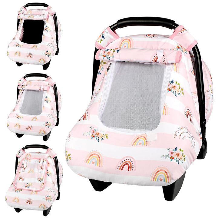 Floral Baby Carseat Cover Girls,  Infant Car Seat Covers Canopy for Newborn with 2 Layers Windows of Breathable Mesh/Fabric, Lightweight Polyester/Minky Dot Backing, Snug Fit Most Baby Car Seat