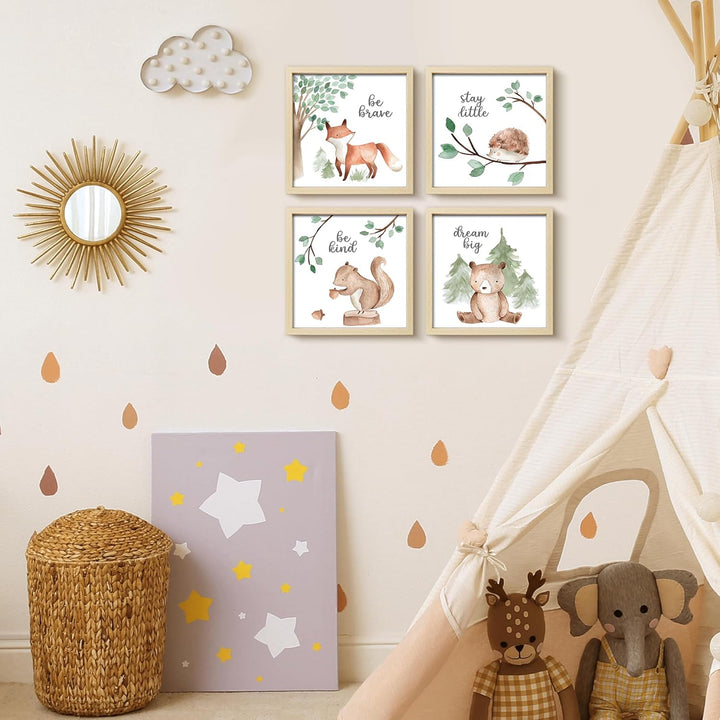 Framed Woodland Nursery Wall Decor, 10X10 Inch Cute Baby Safari Wall Art, Green Kids Art Frame with Forest Animals Prints for Playroom Classroom Bathroom Baby Shower Decoration(4 Pack)