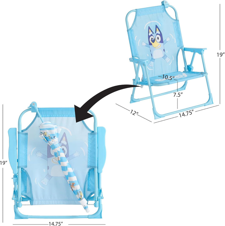 Bluey Kids Outdoor Folding Beach Chair with Umbrella,Portable Camp Chair for Ages 3+, Lightweight & Compact for Beach, Camping, and Backyard