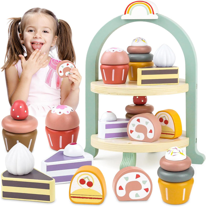 Wooden Tea Set for Little Girls Play Food Pretend Play Kitchen Accessories for 3 4 5 Years Old Girls and Boys Toddler Princess Tea Time Party Food Toys