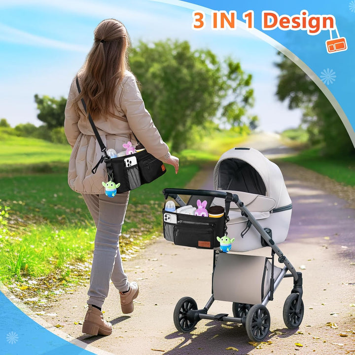 Universal Stroller Organizer with Cup Holder: Baby Travel Essential, Stroller Caddy with Shoulder Strap, Stroller Accessories Fit Uppababy, Baby Jogger Doona, Nuna, Britax, BOB Stroller