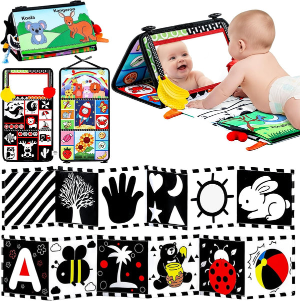 3PCS High Contrast Black & White Baby Toys - Tummy Time Mirror Infant Toys with Crinkle Cloth and Teether, Visual Stimulation Sensory Books for Newborns 0 3 6 12 Months, Shower Gift, Stocking Stuffers