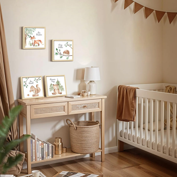 Framed Woodland Nursery Wall Decor, 10X10 Inch Cute Baby Safari Wall Art, Green Kids Art Frame with Forest Animals Prints for Playroom Classroom Bathroom Baby Shower Decoration(4 Pack)