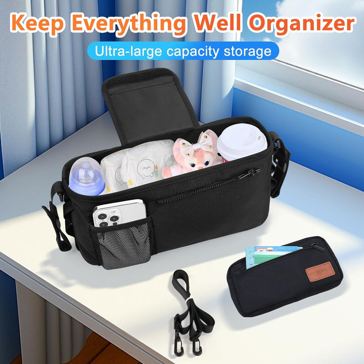 Universal Stroller Organizer with Cup Holder: Baby Travel Essential, Stroller Caddy with Shoulder Strap, Stroller Accessories Fit Uppababy, Baby Jogger Doona, Nuna, Britax, BOB Stroller