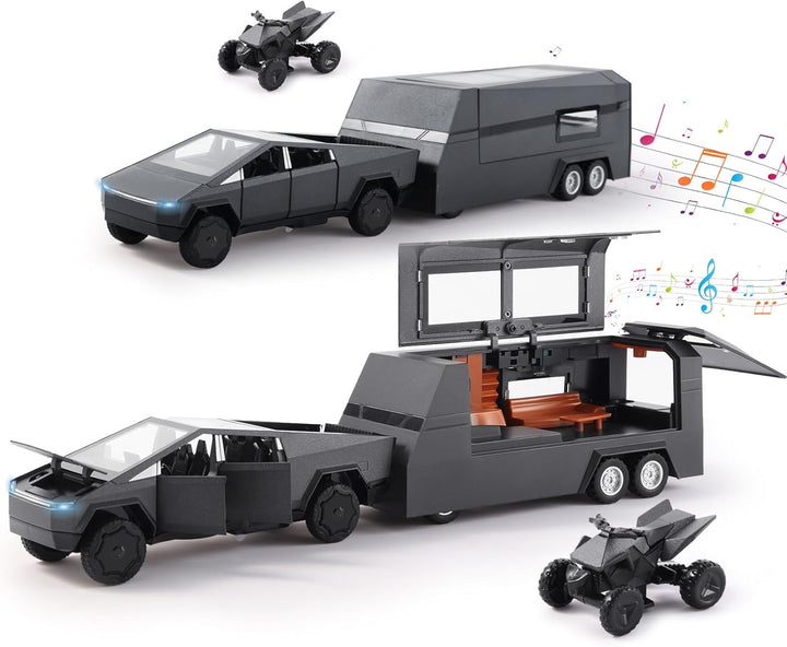 1/32 Alloy Car Trucks Toy Pickup Trailer RV Model Kit with Beach Motorcycle, Diecast Alloy Metal RV Car Model Toys with Sound Light and Pull Back Power,Christmas Birthday Gift for Boy Girl-Silver