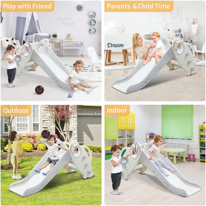 Kids Slide for Toddlers Age 1-3 Indoor Baby Plastic Slide Outdoor Climber Freestanding Playset with Basketball Hoop & Ring Game Grey