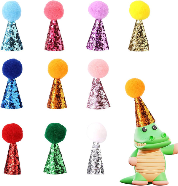 10Pcs Mini Party Hats for Stuffed Animals, Tiny Adjustable Cone Hats Dinosaur Toys Dolls Crafts with Shiny Pom Poms for Teddys Dog Cat Kids Birthday Cake Decorations Party Accessories