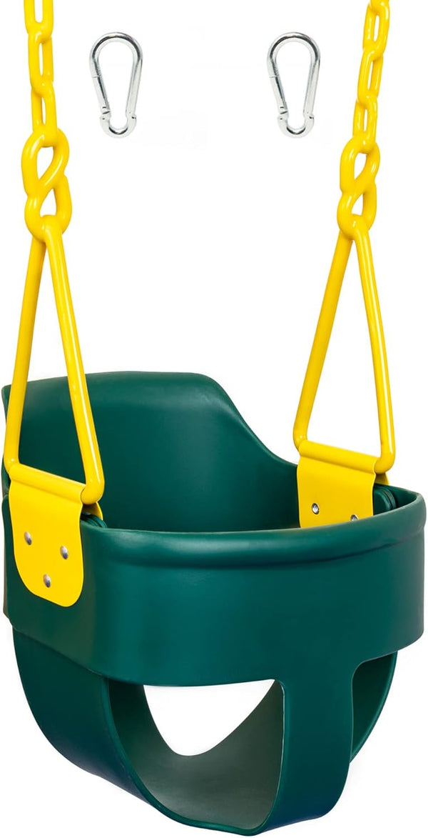 Premium High Back Full Bucket Toddler Swing Seat with Finger Grip, Plastic Coated Chains and Carabiners for Easy Install - Green -