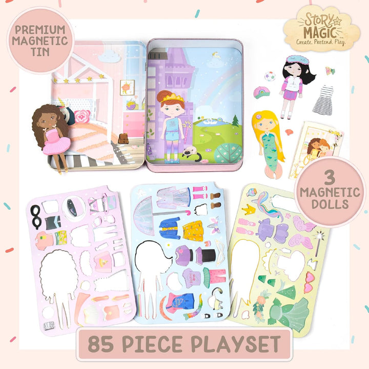 Story Magic Dress-Up Dolls Playset, Pretend Play Magnetic Case, Magnet Outfit and Accessory Pieces, Great for Travel or Playdates, Magnetic on the Go Activity Set for Ages 4, 5, 6, 7 , Pink