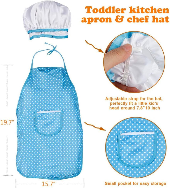 Play Kitchen Accessories, Kids Play Pots and Pans Playset with Mini Stainless Steel Pretend Play Cooking Toys, Cookware Utensils, Apron and Chef Hat, Cutting Food for Toddler Boys Girls