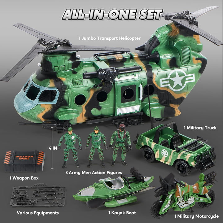 10-In-1 Military Helicopter Toys Set with Light, Sound, Trucks, Boat, Bike, Army Men, Weapons - Christmas Birthday Party Gifts for Kids