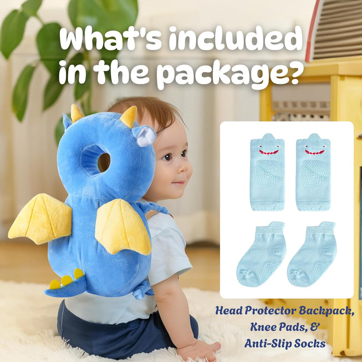 Baby Head Protector Backpack (9 to 24 Months) - Cute Head Guard Pillow with Knee Pads and Socks, Crawling and Walking Safety Set, Toddler Head Cushion Backpack, Blue