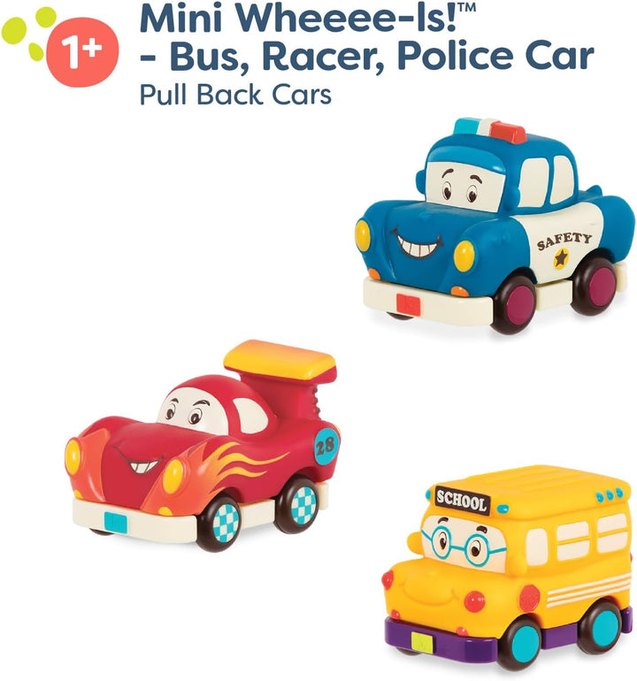 – Mini Wheeee – Ls! – 3 Pieces Mini Pull – Back Vehicles Set, Bus & Cars, Multi, Hot Rod, School Bus, Police Car – 1 Year +