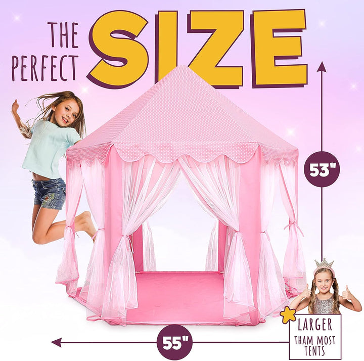 Princess Castle Playhouse Tent for Girls with LED Star Lights – Indoor & Outdoor Large Kids Play Tent for Imaginative Games – ASTM Certified, 230 Polyester Taffeta. Pink 55"X53".