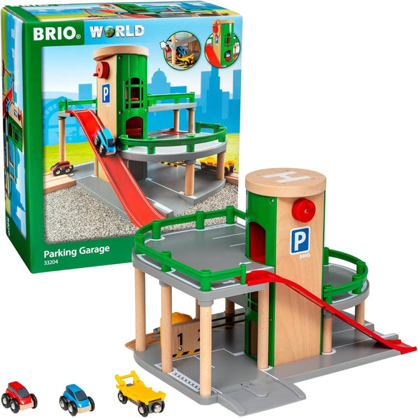 World Parking Garage - 7-Piece Wooden Toy Garage with 2 Cars, 1 Transporter Wagon, and Wooden Ramp Tracks - Works with All  Train Sets - Fsc-Certified - Sparks Creativity & Fun - Ages 3 & Up