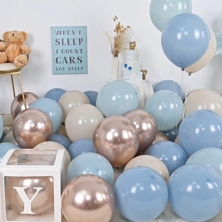 Dusty Blue and Gold Balloons, 60 PCS 12 Inch Slate Fog Pastel Baby Blue Sand White and Gold Balloons for Baby Boy Shower Bridal Shower Birthday Wedding Party Decorations